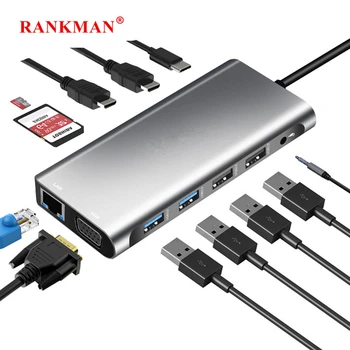 Rankman USB-C Hub til Gígabæti RJ 45 þúsunda foreldra 4K VGA USB 3.0 ÁBENDINGAR TF Tegund C Bryggju fyrir Apple iPhone 15 Rk S22 Dex TV Skipta